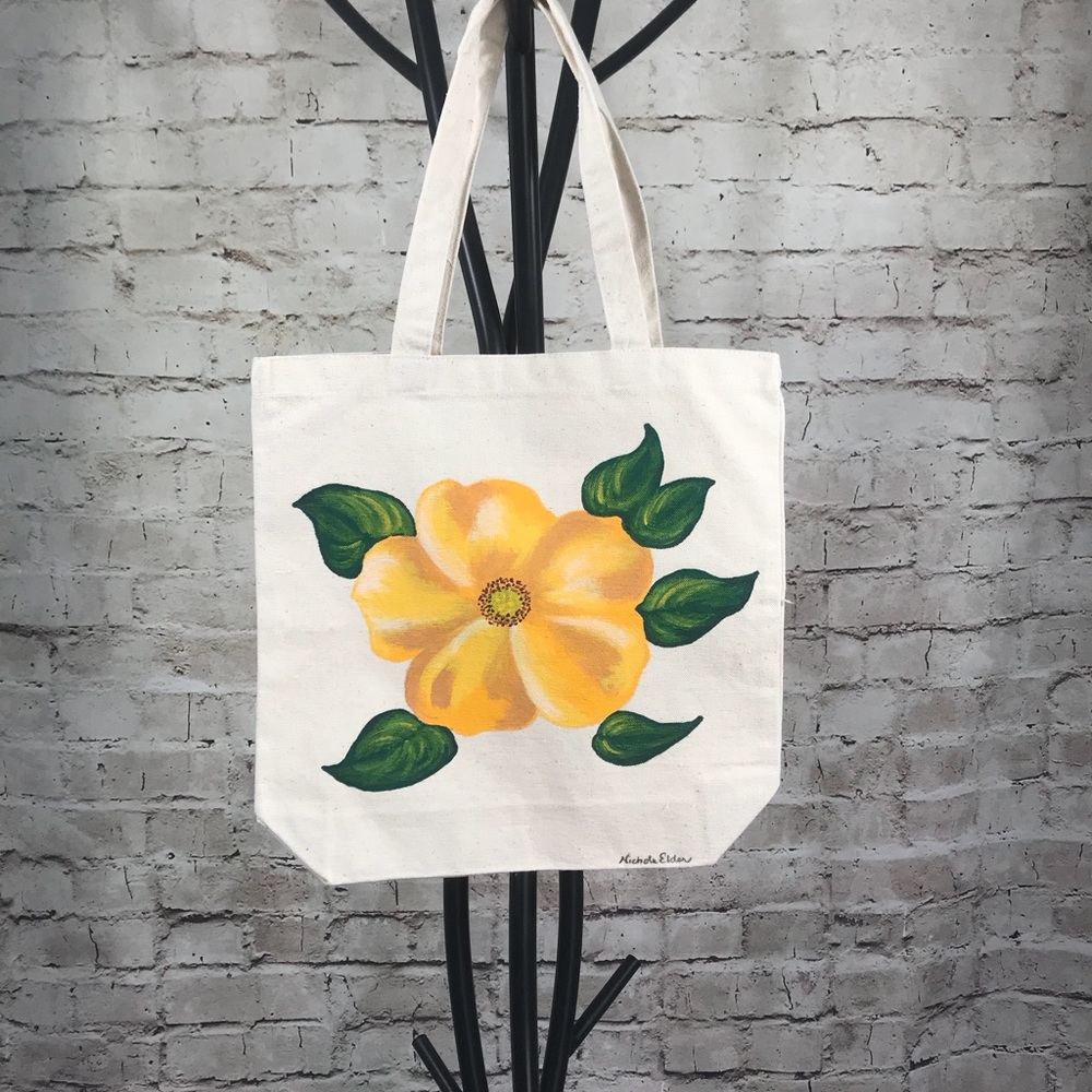 Tote Bag Purse Hand Painted with Yellow Rose NWT